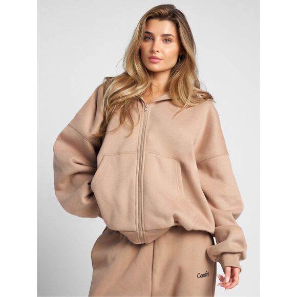 NWOT Comft Cloud Full Zip Hoodie Unisex size L Latte Tan Oversized - Picture 1 of 12